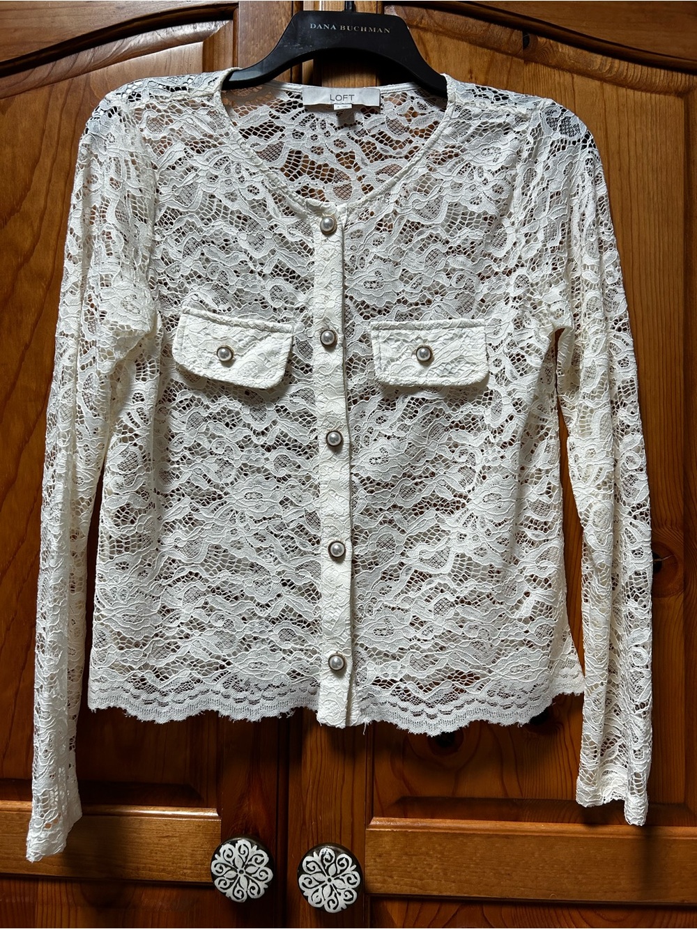LOFT Cream Lace Button-Front Long-Sleeve Cardigan